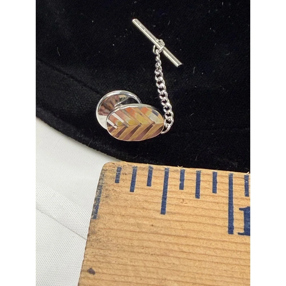 Vintage Silver Tone Chevron Etched Oval Tie Tack with Security Chain T-Bar